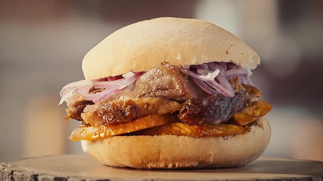 Traditional Peruvian Pan con Chicharron Pork Sandwich with Sweet Potato