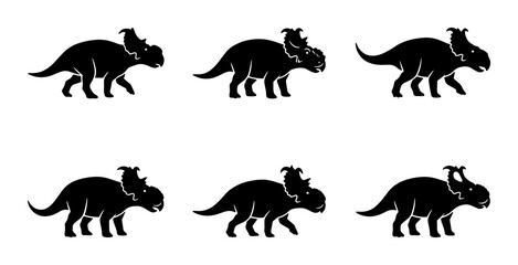 Obraz premium Six Silhouette Triceratops Dinosaur Icons, Prehistoric Creature Vector Graphics, Ancient Reptile Set