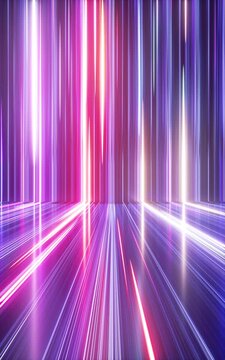 Vertical neon light bars stream through a glowing abstract corridor in a loop. Bright motion background for apps, social media, and digital visuals. 3D render motion.