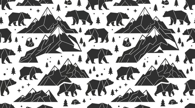 Geometric low poly grizzly bears and mountain peaks seamless pattern
