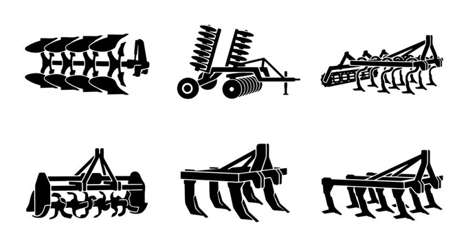 Agricultural Plows and Cultivators Set, Farming Equipment Icons, Tillage Implements Collection