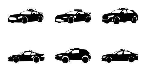 Police Car Icons Set, Law Enforcement Vehicle Silhouettes, Emergency Service Transport Collection © Kabita