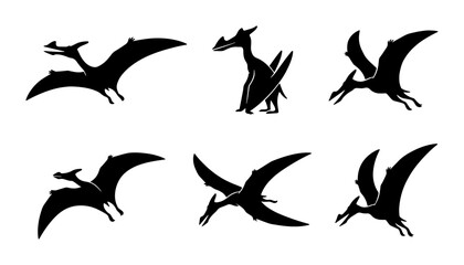 Pterodactyl Silhouettes, Flying Dinosaur Icons, Prehistoric Reptile Vector Set © Kabita