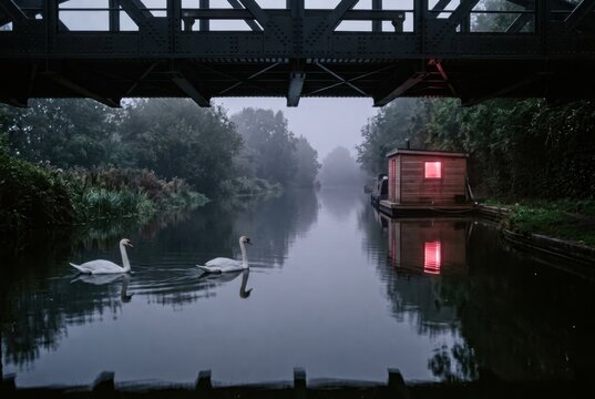Mute swans gliding on a foggy river at dawn