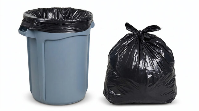 A blue plastic waste bin paired with a filled black trash bag isolated on a white background for household sanitation and waste management concept
