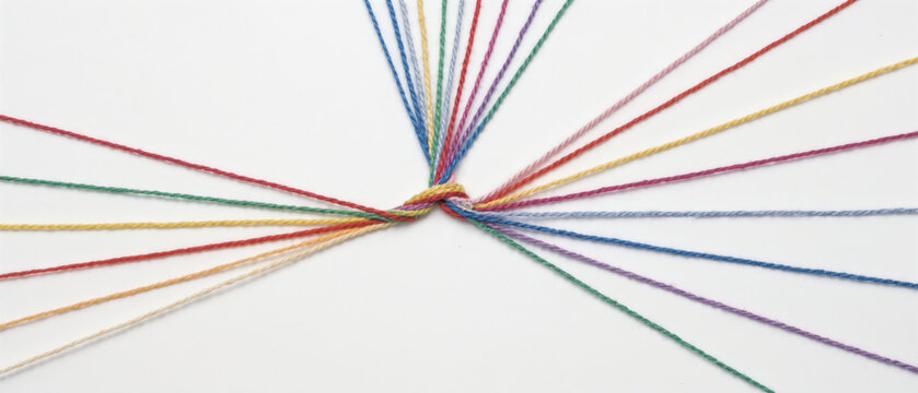 Colored thread convergence showing creative collaboration, connection, and teamwork on white background
