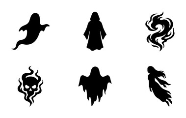 Fototapeta premium Spooky Halloween Ghost Icons, Scary Skull Flames, Ethereal Spirits Vector Set