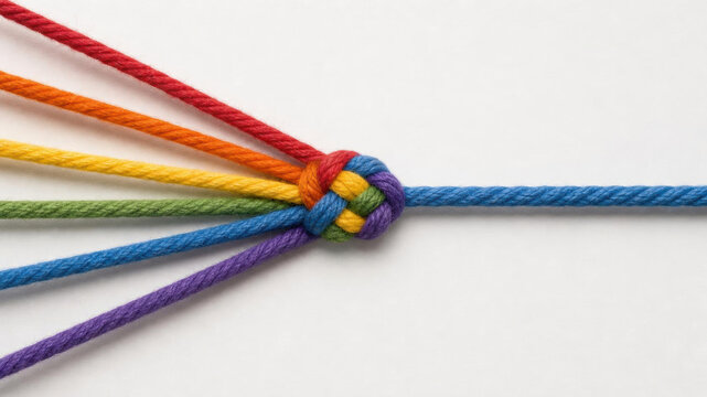 Colorful rope knot with multiple threads converging into central structure and extending outward as one coordinated system on white background