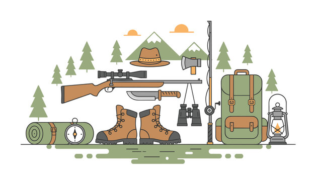 Extensive flat-line outdoor camping gear setup including a rifle, binoculars, backpack, fishing rod, and boots.