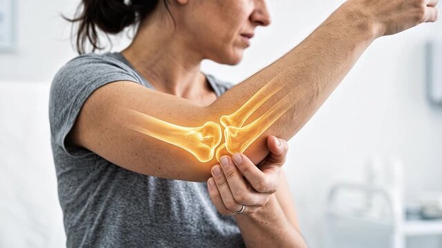 Woman holding her painful elbow with a glowing orange anatomical bone overlay showing joint injury or arthritis