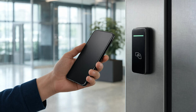 Person holding smartphone near electronic keycard reader on office wall with access control digital key electronic lock office security smart building mobile technology entry system