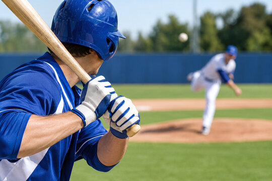 Professional Baseball Batter in Hitting Position Watching Pitcher Throwing Ball on Field during Daytime Match, Rear View Perspective Action Sports Photography