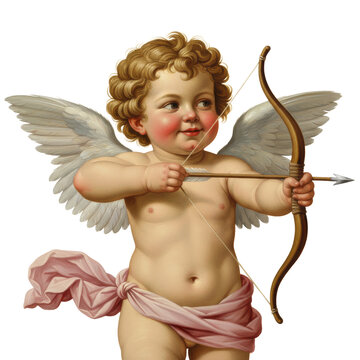 Chubby toddler cherub with golden curls, iridescent wings, pink cloth, aiming a wooden bow with a mischievous smile on white, mythological romance concept