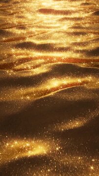 Looped vertical golden liquid surface with soft wave motion and bright glittering highlights. Premium abstract background for luxury branding and elegant visual content. 3D render motion.
