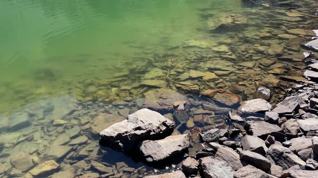 Crystal clear emerald water and small trout fish swimming near the rocky shore of glacial Lake Mija in Parang Mountains, Romania. Nature video, 4K, 60fps.