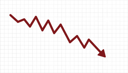 Obraz premium Red downward zigzag arrow on a white grid representing market decline, financial loss, or economic recession.