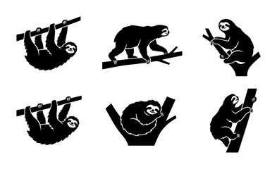 Fototapeta premium Sloth Vector Icons, Black Silhouette Animals, Cute Mammal Graphics, Tropical Wildlife Set
