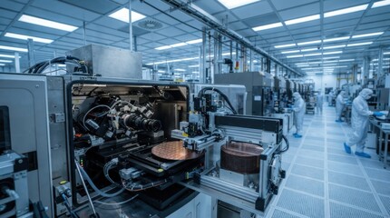 Fototapeta premium Semiconductor fabrication line with photolithography scanner, silicon wafers, robotic handlers, and cleanroom airflow panels.