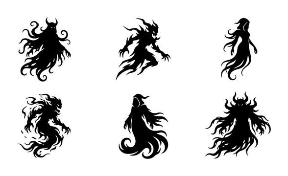 Dark Silhouette Spirits, Ethereal Ghosts, Spooky Entities, Mystical Beings, Vector Icons Set