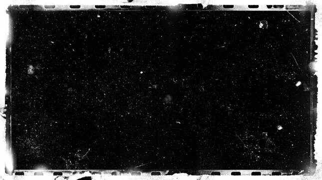 Vintage frame with sprocket holes, heavy dust, scratches, and noise on dark black background