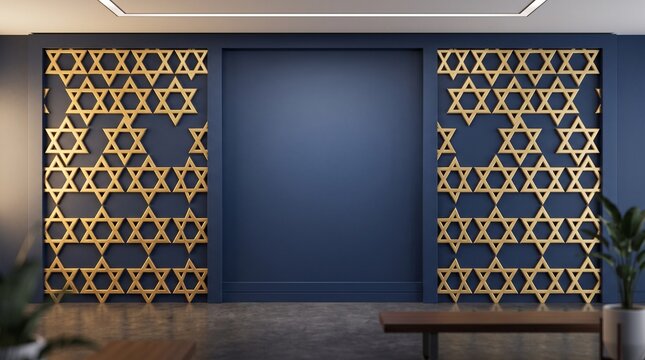 3D render of dark blue wall with gold Star of David pattern