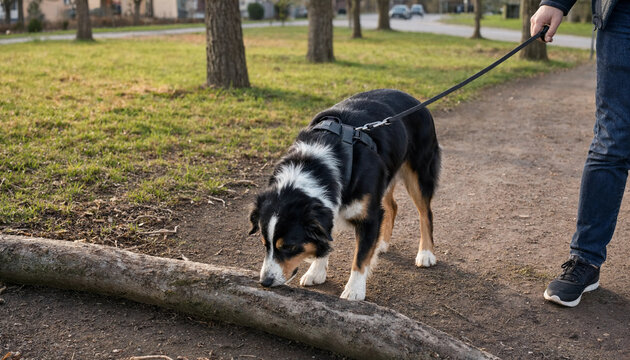 Australian shepherd dog sniffing a fallen wooden log during an outdoor park walk on a leash with walking dog nature walk pet training dog behavior active lifestyle pet owner domestic anim
