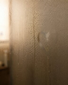 Sensual hand-drawn heart symbol on steamy wet glass shower door with water droplets and warm golden light glow, romantic intimate moody stock photography for Valentine design