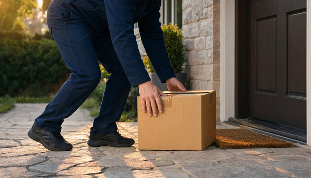 Close-up of a delivery worker bending down to leave a brown cardboard package on the porch with front porch doorstep delivery courier service home delivery shipping box parcel delivery