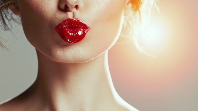 Woman puckering glossy red lips, expressing beauty, sensuality, and fashion with bright makeup and a kiss gesture