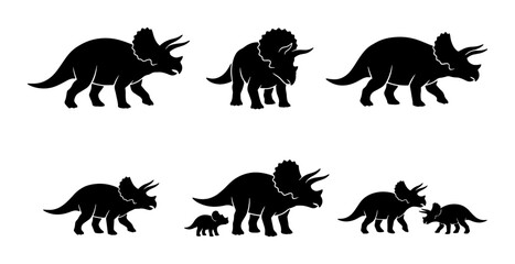 Triceratops Dinosaur Silhouettes, Prehistoric Reptile Icons, Ancient Creature Vector Set © Mondira