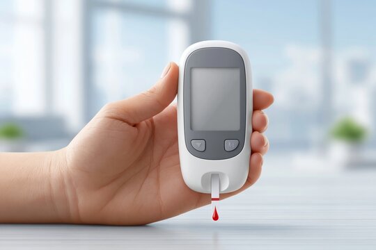 daily glucose monitoring. concept of diabetes monitoring. Hand holding a digital blood glucose meter displaying on a light surface with blurred background
