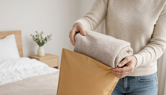 Person placing a soft folded beige blanket into a protective shipping envelope with home textile delivery moving house home goods shipping supplies online shop e commerce