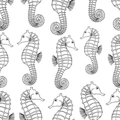 Seamless vector pattern of hand drawn black line seahorses on white background © Juli_Step