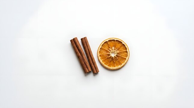 Minimal Christmas flat lay featuring cinnamon sticks and dried orange on a clean white background with generous copy space.