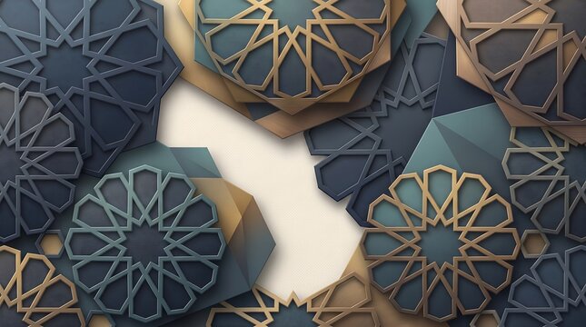 Dark islamic geometric pattern with gold and green accents