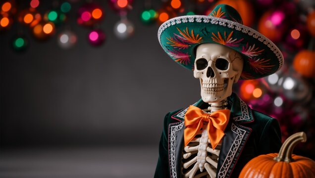 Skeleton in a green mariachi suit and sombrero next to a pumpkin. Day of the Dead celebration concept. Dia de los Muertos festive decoration with colorful bokeh lights