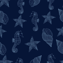 Vector seamless pattern of line hand drawn sea creatures: starfish, seahorse and seashell on dark blue background © Juli_Step