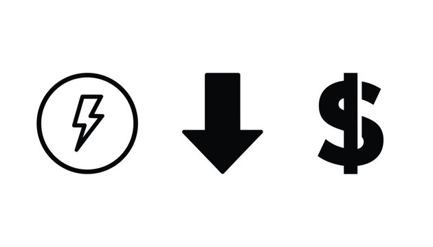Conceptual vector icons illustrating a reduction in energy costs, featuring a lightning bolt, a downward arrow, and a dollar sign.