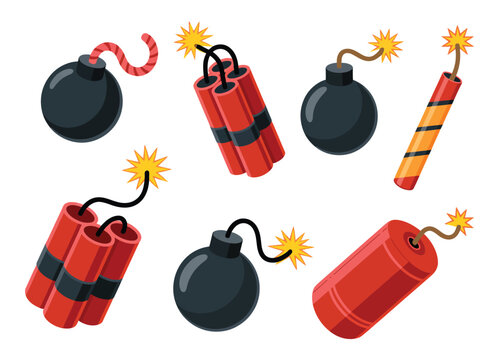 dynamite bomb explosion tnt detonator fuse fireworks isolated set collection, explosive danger symbols for warning safety and vector graphic design