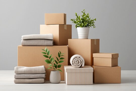 Stacked cardboard boxes with folded blankets, towels, and a potted plant arranged on a light wooden surface against a neutral background