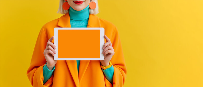 Person holding white tablet with blank orange screen. Female hands showing digital pad display in orange blazer on yellow background. Color block mockup template