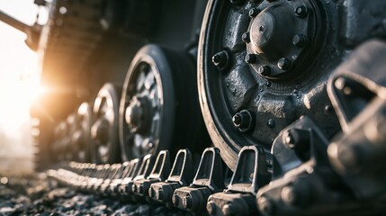 Fototapeta premium Armored tank tracks moving forward, close up of military vehicle mechanics and rugged metal details in sunlight