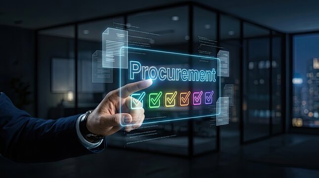Hand interacting with a virtual procurement process status display in an office environment procurement business