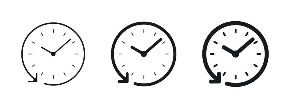 Circular clocks with rotating arrows depict time progression in a sequence