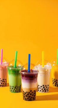 Colorful assorted bubble tea in clear plastic cups with dark tapioca pearls and straws arranged on a bright orange summer background, studio shot, chilled, boba