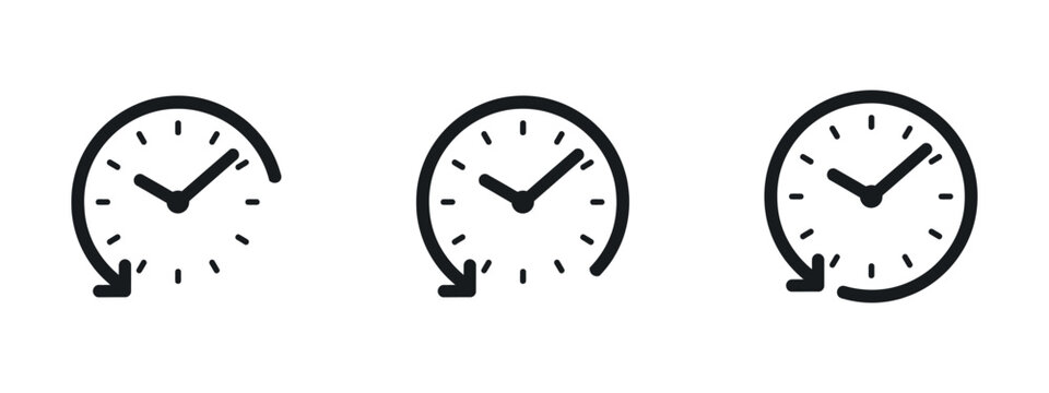 Three circular clocks with arrows indicate time passing and cyclical processes