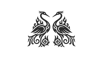 Fototapeta premium Intricate black bird silhouettes facing each other with elegant flame swirls in a classic tribal design style.