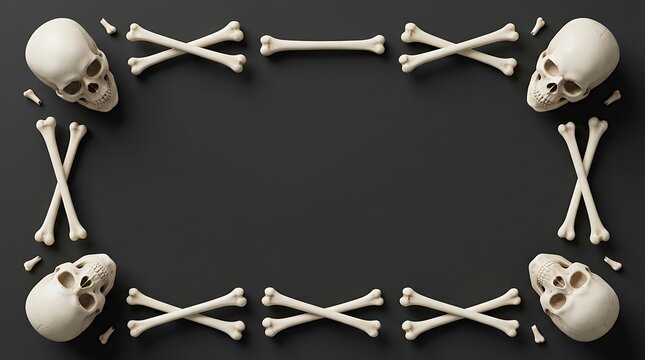 Human skull and bone frame border arrangement on black background for festive scary holiday celebration themes and spooky decorative design projects