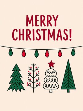 illustration featuring the text 'MERRY CHRISTMAS ' in bold burgundy font above a string of green and red holiday lights.