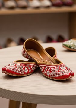 Exquisite small red juttis with white thread work and beads rest on a round wooden table inside a charming traditional handcrafted shoe shop, ornate, heritage, boutique